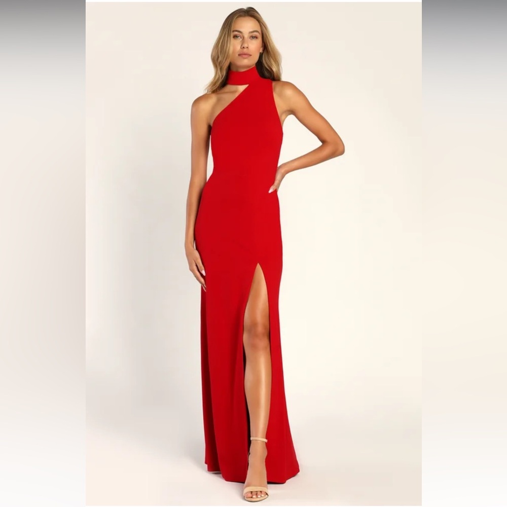 Keep It Interesting Red Asymmetrical Cutout Halter Maxi Dress